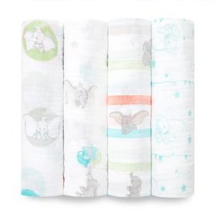 Aden + Anais Disney Baby Flying Dumbo Muslin Swaddles 4 Pack New 44" x 44"